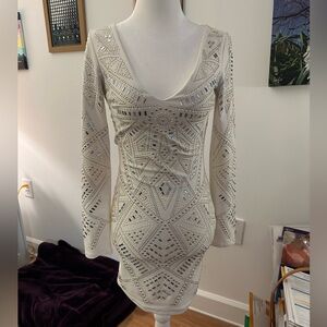 bebe White Long Sleeve Geometric Dress